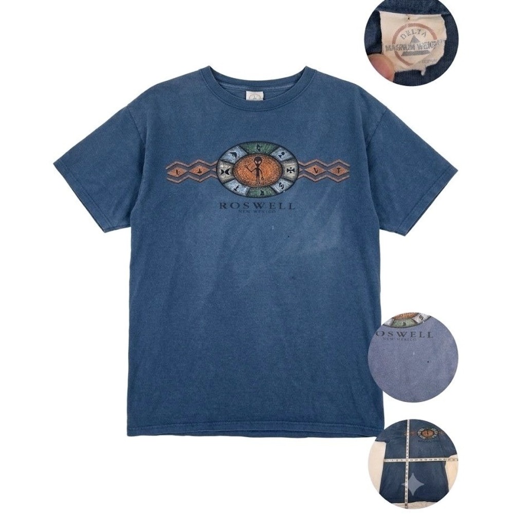 Vintage Roswell Alien Shirt Mens L Delta Blue Graphic Tee UFO Sci‎ Fi 90s